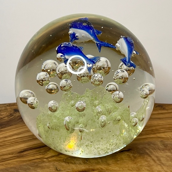 Art Glass Dolphin Paperweight Controlled Bubbles Blue Green 4.5" Murano Style - Picture 3 of 11